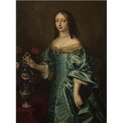 attributed to theodore netscher,THREE QUARTER LENGTH PORTRAIT OF A LADY IN BLUE WITH VASE OF CARN...