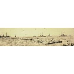 william lionel wyllie, ra, re,THREE MARINE VIEWS:  PLYMOUTH; GERMAN FLEET CAGED AT SCALPA FLOW; a...