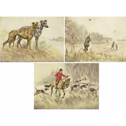 henry wilkinson,FOUR VIEWS:  SNIPE SHOOTING; HUNTER AND HOUNDS; AT THE FENCE; and FAVOURITE DOGS....