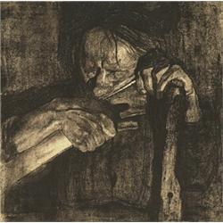 KATHE KOLLWITZ,BEIM DENGELN (Klipstein 88, XIV b)....
