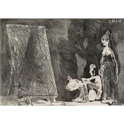 pablo picasso,PEINTRE DEVANT SA TOILE, AVEC UN MODELE, PENSANT A SON SUJET: DEUX FEMMES...(Berne...