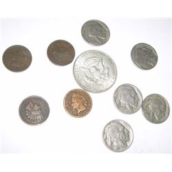 10 TOTAL U.S. COINS INCLUDING SILVER KENNEDY HALF DOLLAR/INDIAN HEAD PENNIES & BUFFALO NICKELS