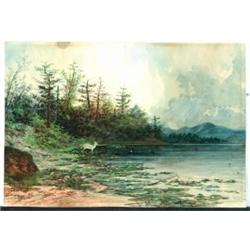 Charles H** Chapin (19th Century), American, STAG AT WATER'S EDGE , Watercolour heightened with...