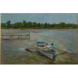 John Rettig (1860-1932), American, CHILDREN IN A PADDLE BOAT, Oil on canvas; signed and dated '...