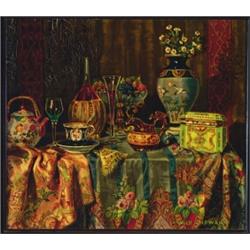 Wilhelm Nowak (1868-1945), Austrian, STILL-LIFE WITH PORCELAIN AND WINE CARAFE, Oil on panel; s...