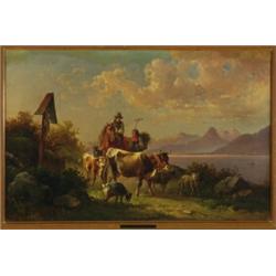 Attributed to Edmund Mahlknecht (1820-1903), Austrian, FARMER ON HORSEBACK WITH LIVESTOCK BY LA...