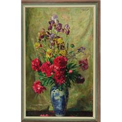 Josef Jungwirth (1869-1950), Austrian, STILL LIFE, IRIS AND CARNATIONS IN A CHINESE VASE, Oil o...