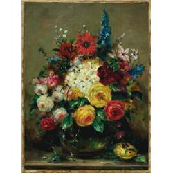 J** Van Dorens (19th/20th Century), Dutch/Belgian, STILL LIFE OF ROSES, ASTERS, DELPHINIUMS AND...