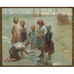 Maude Harris (fl. 1883-1936) , British, CHILDREN PLAYING ON A BEACH, Colour pastel and pencil;...