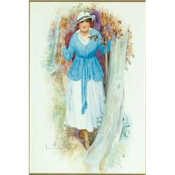 Oscar Wilson (1867-1930), British, LADY FEEDING A SQUIRREL; LADY IN A WOOD, A pair of watercolo...