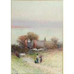 Thomas Dingle (19th Century), British, CHILDREN BY LAKESHORE COTTAGE, Watercolour; signed lower...