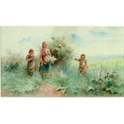 Fanny Mearns (fl.1870-1888), British, CHILDREN GATHERING FLOWERS, Watercolour; signed lower lef...