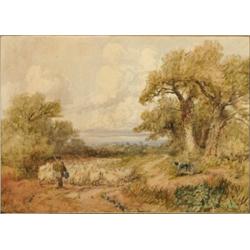 James Price (fl. 1842-1876), British, SHEPHERD AND FLOCK IN AN EXTENSIVE LANDSCAPE, Watercolour...