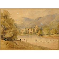 Attributed to Thomas Lound (1802-1861), British, CHURCH RUINS BY A LAKE, Watercolour; Unframed...