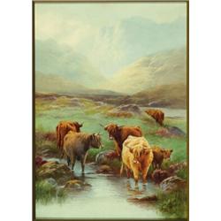 Thomas Rowden (1842-1926), British, HIGHLAND CATTLE WATERING , Watercolour; signed lower right...