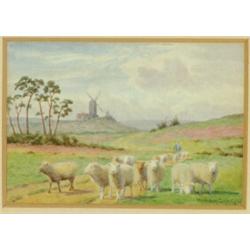 William Sidney Cooper (1854-1927), British, SHEEP AND DROVER ON COUNTRY ROAD, Watercolour; sign...