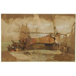 Edward Alfred (Angelo) Goodall (1819-1908), British, FISHERFOLK AND BOATS ON SHORE, Watercolour...