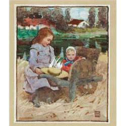 William Lee-Hankey (1869-1952), British, YOUNG GIRL WITH BABY IN A WHEELBARROW BY RIVER, Waterc...