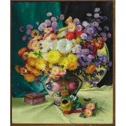 E.Hartley Mooney (fl. 1926-1932), British, STILL LIFE-CHRYSANTHEMUMS IN A VASE, Oil on canvas;...