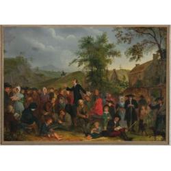 Manner of Edward Bird (1772-1819), British, THE SUNDAY SERMON, Oil on canvas, 17  x 24  - 43....