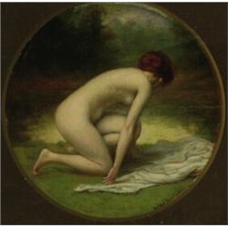 Allan Douglas Davidson (1873-1932), British, SOLITUDE, Oil on panel sculpted in the tondo; sign...