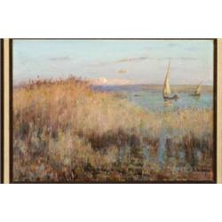 William James Laidlay (1846-1912), British, SAILBOATS NEARING A MARSHLAND, Oil on canvas; signe...