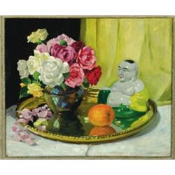 E** Hartley Mooney (fl. 1926-1932), British, ROSES, Oil on panel; signed lower right, titled ar...