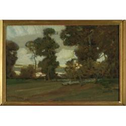 Sir Alfred East (1849-1913), British, SHEEP IN A PASTURE, Oil on panel; signed lower left, sign...