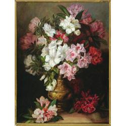 19th Century British, STILL LIFE - RHODODENDRONS IN A BRASS VASE, Oil on canvas, 27.5  x 20.5...