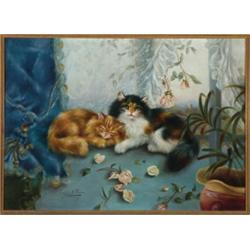 Edith A** Penne (19th/20th Century), British, KITTENS ON A WINDOW SILL WITH ROSES, Oil on canva...