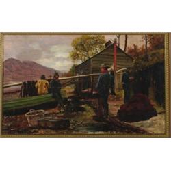 H** Newton (19th/20th Century), British, REPAIRING THE NETS, Oil on canvas; signed lower left...