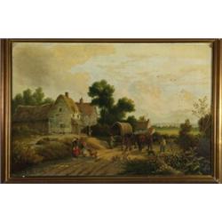 J**B** Cook (19th Century), British, FARMYARD SCENE WITH COUNTRY FOLK TENDING HORSE TEAM, CHICK...