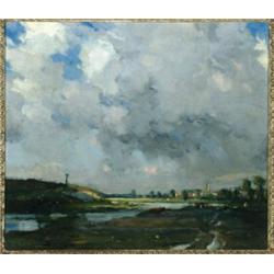 Bertram Priestman (1868-1951), British, STORM CLOUDS OVER THE MEADOW, Oil on canvas; signed low...