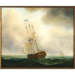 Tim Thompson (20th Century), British, BRITISH 50 GUN SHIP UNDER SHORTENED SAIL, Oil on panel; s...