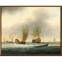 Tim Thompson (20th Century), British, YACHT RUNNING ASTERN OF DUTCH EAST INDIAMAN, Oil on panel...