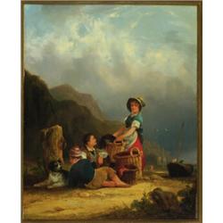 Attributed to William Shayer (1788-1879), British, YOUNG FISHERFOLK- ISLE OF WIGHT, Oil on pane...