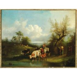 Henry and Charles Shayer (19th Century), British, PEASANTS AND CATTLE BY A WOODLAND POOL, Oil o...