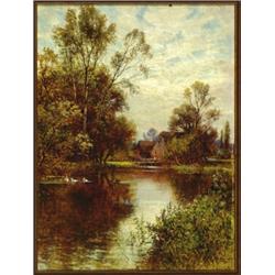 Alfred Augustus Glendening (fl.1861-1903), British, FIGURE OUTSIDE A COTTAGE BY A DUCK POND, Oi...