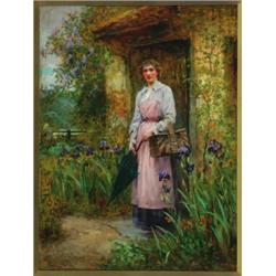 Henry John Yeend King (1855-1924), British, AT THE COTTAGE DOOR, Oil on board; signed lower lef...