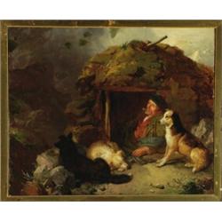 T** W** (fl.1884), Scottish, SCOTTISH HUNTER AND HIS DOGS RESTING IN A HIGHLAND LANDSCAPE, Oil...