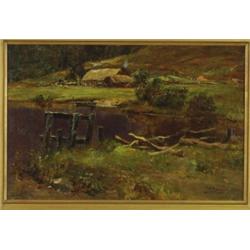 William Young (1845-1916), Scottish, THATCHED COTTAGES BY RIVER'S EDGE, Oil on canvas on board;...