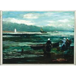 John Robertson Reid (1851-1926), Scottish, THE FISHERMENS RETURN, Oil on canvas; signed and dat...