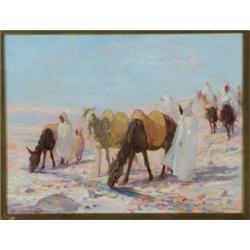 John Sydney Steel (1863-1932), Scottish, ARABS WATERING HORSES IN THE DESERT , Oil on canvas; s...