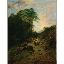 Pollock Sinclair Nisbet (1848-1922), Scottish, SHEPHERD AND LONG-HORNED SHEEP ON A HIGHLAND PAT...