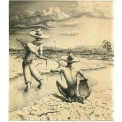 Luis Martinez Pedro (1910- ), Cuban, FISHERMEN, Crayon drawing; signed and dated 41 lower right...