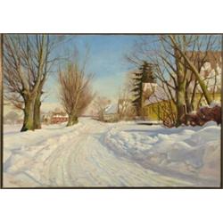 Harald Julius Niels Pryn (1891-1968), Danish, SUNLIT VILLAGE IN THE SNOW, Oil on canvas; signed...
