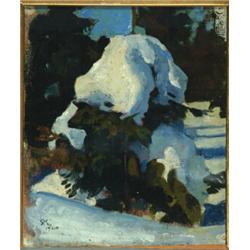 Peder Severin Kroyer (1851-1909), Danish, SNOW COVERED EVERGREEN, Oil on canvas; signed with in...