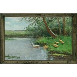 Constant David Ludovic Artz (1870-1951), Dutch, MOTHER DUCK AND HER YOUNG ON A RIVER BANK, Wate...