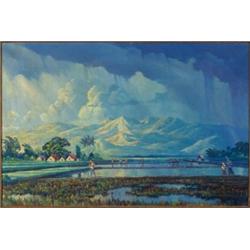 Leonardus Joseph Eland (1884-1954) , Dutch, PADDY FIELDS AFTER THE STORM, Oil on canvas; signed...