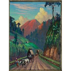 Leonardus Joseph Eland (1884-1954) , Dutch, OX CARTS ON INDONESIAN TRAIL, Oil on canvas; signed...